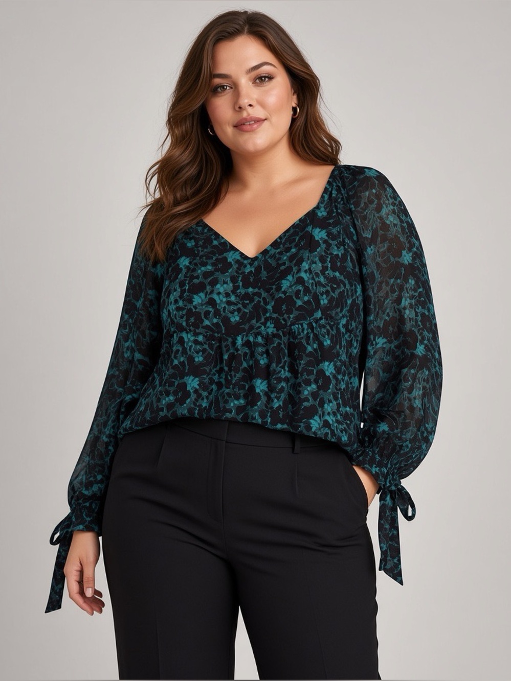 Plus-Size Black & Teal Floral V-Neck Blouse with Tie Cuffs